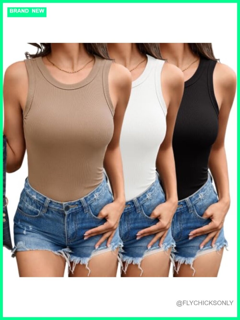 Ribbed Crewneck Sleeveless Tank Tops 3 Pack Stretchy Fitted Summer